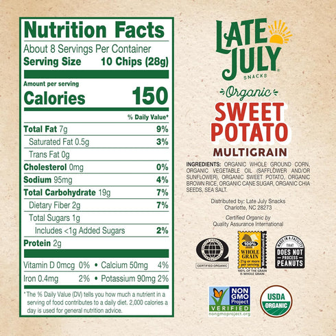 7.5 Oz (Pack 2) Late July Snacks Organic Multigrain Sweet Potato Tortilla Chips