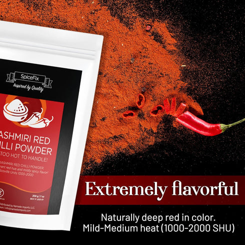 SpiceFix Kashmiri Red Chilli Powder - Mild to Medium Heat, Sun-Dried Indian Red Chili Powder in Resealable Bag, 7 Ounces