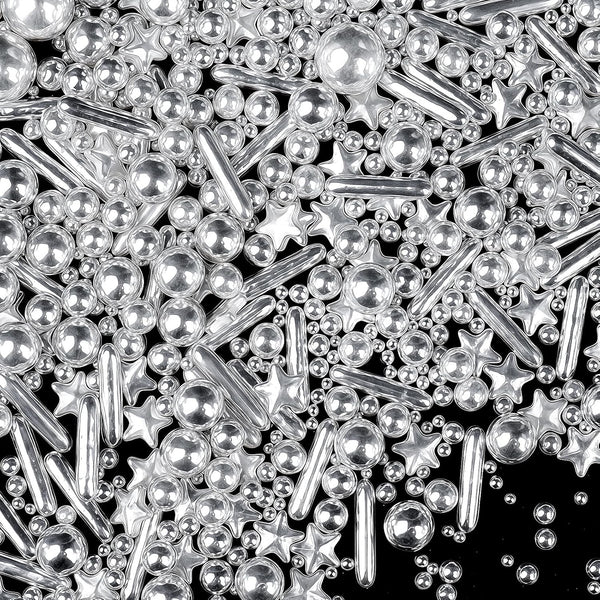 Silver Sprinkles for Cake Decorating, 4.6oz Edible Star Sprinkles with Sugar Pearls