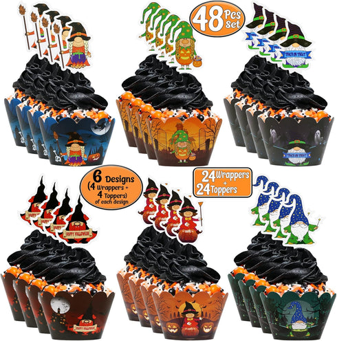 Halloween Cupcake Wrappers Set, 48 Pcs (24 Wrappers + 24 Toppers) for Spooky Gnomes Party Decorations