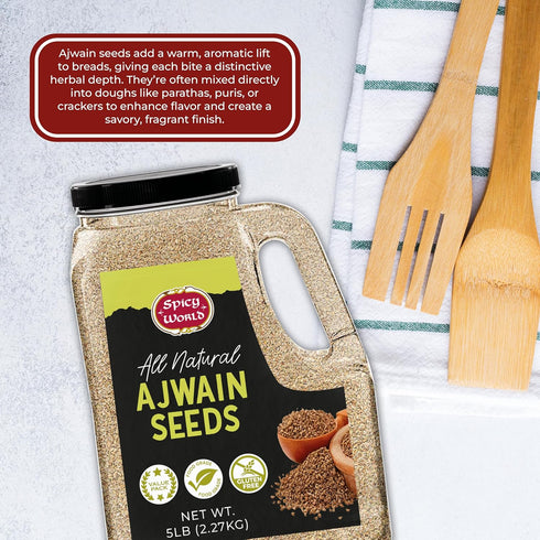 Spicy World 5 LB 100% Ajwain Seeds Bulk Jar - Carom Seeds, Bishops, Natural, Premium Quality - Great for Tea, Breads