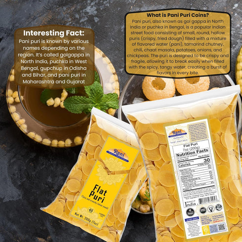 Rani Pani Puri Coins 7oz (200g), 80-85 Uncooked Microwaveable Wheat and Semolina Coins, Vegan