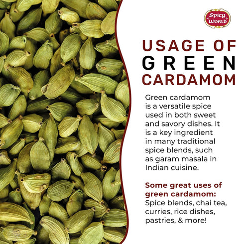 Spicy World Whole Green Cardamom Pods, 7 Oz Large Bag (200g), Natural Spice, Vegan, Aromatic