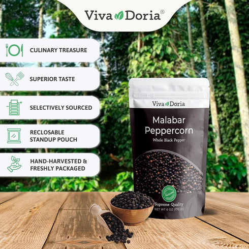 Viva Doria Malabar Peppercorn, Whole Black Pepper, Grinder Refill, 6 Ounce