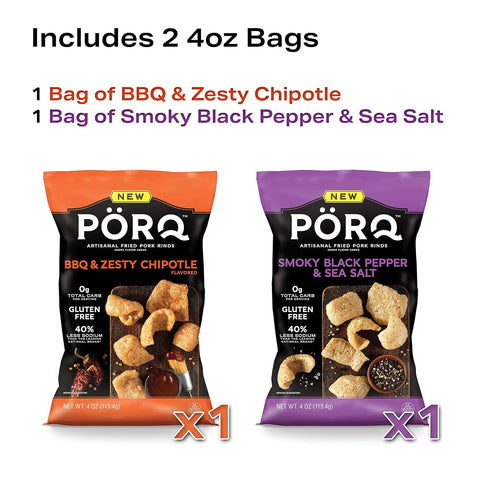 pack, 2 PORQ Artisan Fried Pork Rinds variety BBQ & Zesty Chipotle, Smoky Black Pepper & Sea Salt, and Fine Herbs