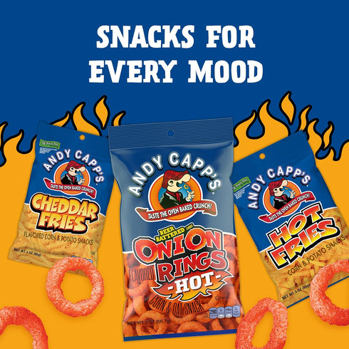 Andy Capp's 2 oz Beer Battered Flavored Onion Flavored Rings Baked Oat and Corn Snacks, Hot