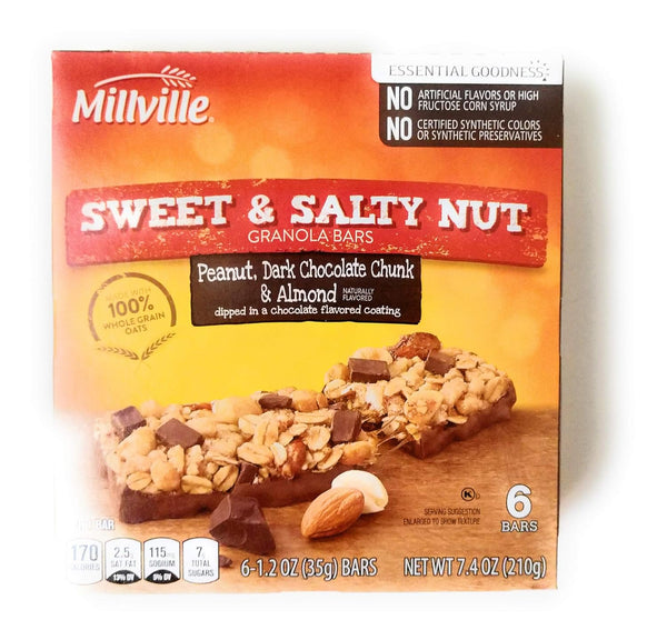 MILLVILLE granola bars sweet & salty nut Peanut, almond & Dark chocolate chunk,100%