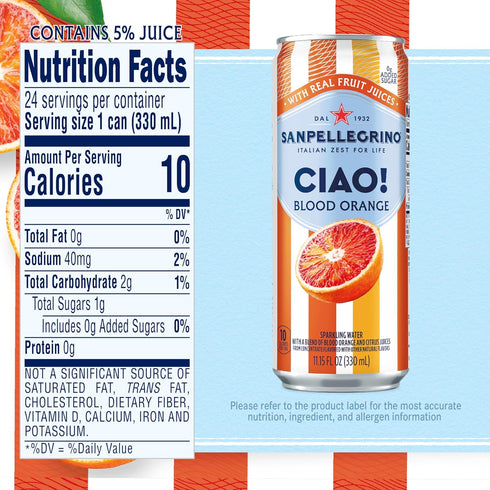 Sanpellegrino 0g 24-Pack CIAO Blood Orange Sparkling Water, Low-Calorie Italian Sparkling Water with Real Fruit Juices