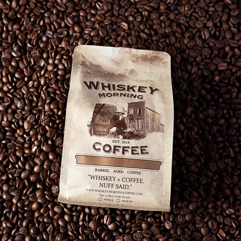 100% 10 oz Whiskey Morning Coffee Bourbon Barrel Aged Ground Coffee, Fire Roasted Ground Coffee, Specialty Grade