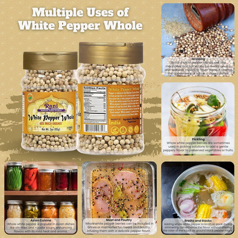 Rani White Pepper (Gol Mirch), Whole Spice, 3oz (85g) PET Jar, All Natural