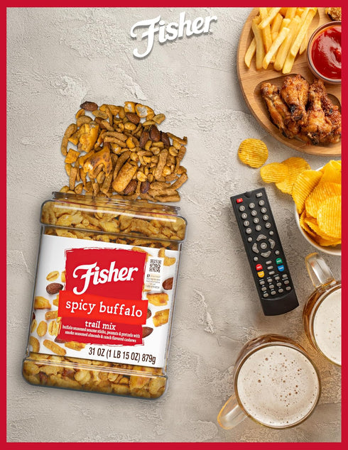 31 oz Fisher Spicy Buffalo Bulk Trail Mix, Jar; Buffalo Seasoned Sesame Sticks, Peanuts & Pretzels with Smoked Seasoned