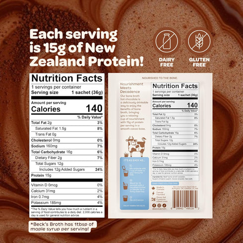 (5-Pack) Beck's Broth Protein Hot Chocolate | Made w/Pasture Raised Bone Broth Powder | Dairy Free, Gluten Free | High