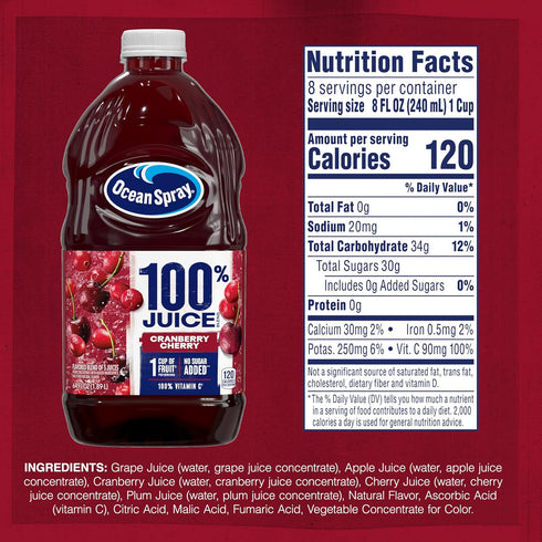 100% 64 Oz Ocean Spray Juice Cranberry Cherry Juice Blend, Fl Bottle