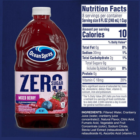 64 Oz Ocean Spray ZERO Sugar Mixed Berry Juice Drink, Cranberry Juice Drink Sweetened with Stevia, Fl Bottle