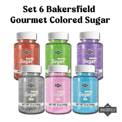 Set 6 5 oz 1 1 1 1 1 1 Bakersfield Gourmet Colored Sugar Each bottle contains - Red, Pink, Blue, Silver, Purple Green.