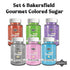 Set 6 5 oz 1 1 1 1 1 1 Bakersfield Gourmet Colored Sugar Each bottle contains - Red, Pink, Blue, Silver, Purple Green.