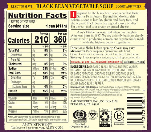 14.5 (Pack 12) Amy's Soup, Vegan, Gluten Free, Organic Black Bean Vegetable, Low Fat, Ounce