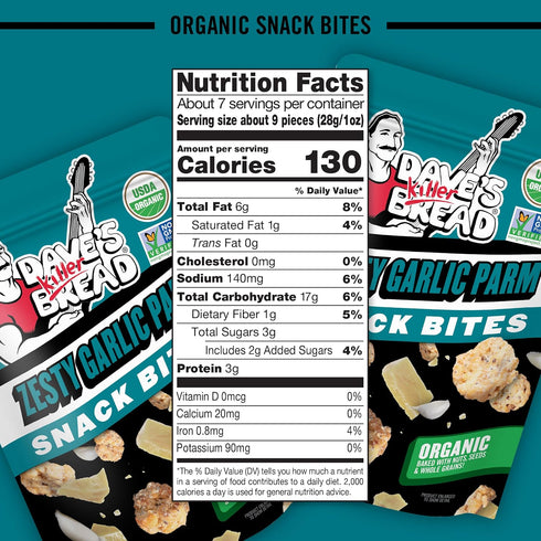 7.2 OZ (Pack 3) Dave's Killer Bread ZESTY GARLIC PARM SNACK BITES, with Branded Sticker