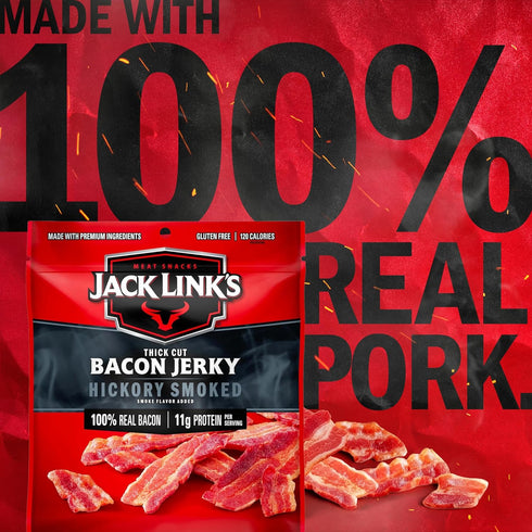 11g 100% 2.5 oz. Jack Link's Bacon Jerky, Hickory Smoked - Flavorful Ready to Eat Meat Snack with of Protein per