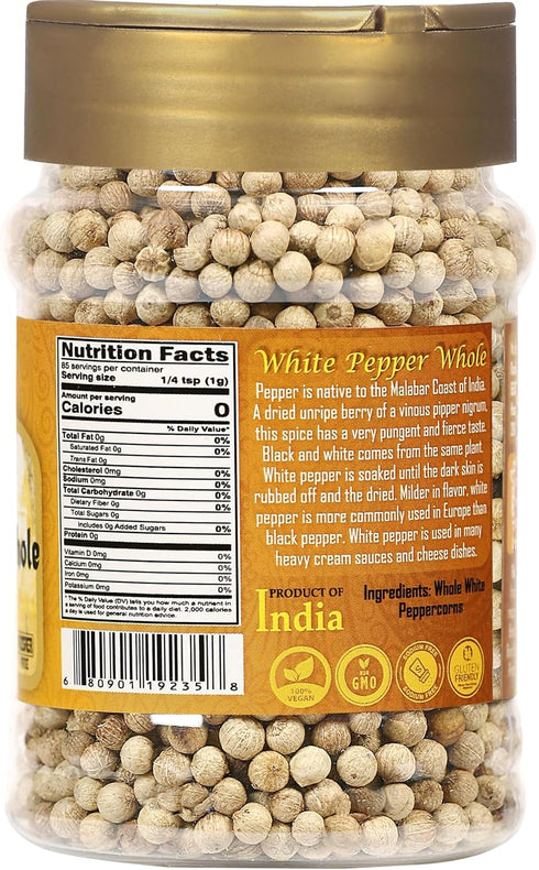 Rani White Pepper (Gol Mirch), Whole Spice, 3oz (85g) PET Jar, All Natural