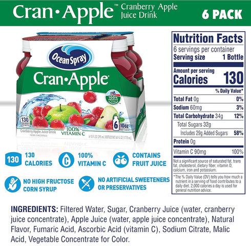 10 Oz 6 Count (Pack 1) Ocean Spray Cran-Apple Cranberry Apple Juice Drinks, Fl Bottles