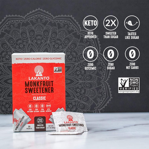 Packets (3g 30 Count) Lakanto Classic Monk Fruit Sweetener with Erythritol Sweetener - White Sugar Replacement, Zero