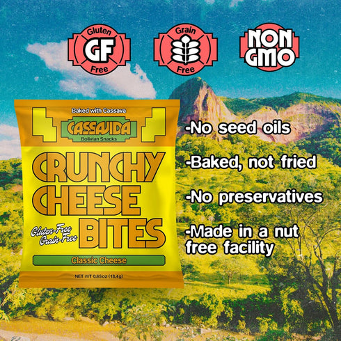 (0.65 oz, Pack 24) Cassavida Gluten Free Cheese Snack Crunchy Cassava Cheese Bites, Classic Cheese Grain Free
