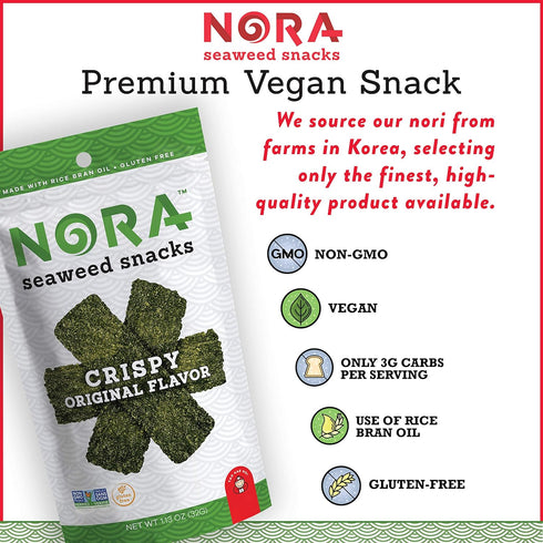 Original Crispy Seaweed Snacks by Nora - Low-Carb Healthy Snacks, Thick Nori Sheets, Vegan, Gluten-Free, 12-Pack