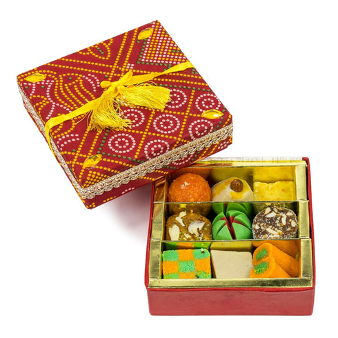 Sukhadia Sweets - Red Bandhani Small Square Box - 12oz Premium Assorted