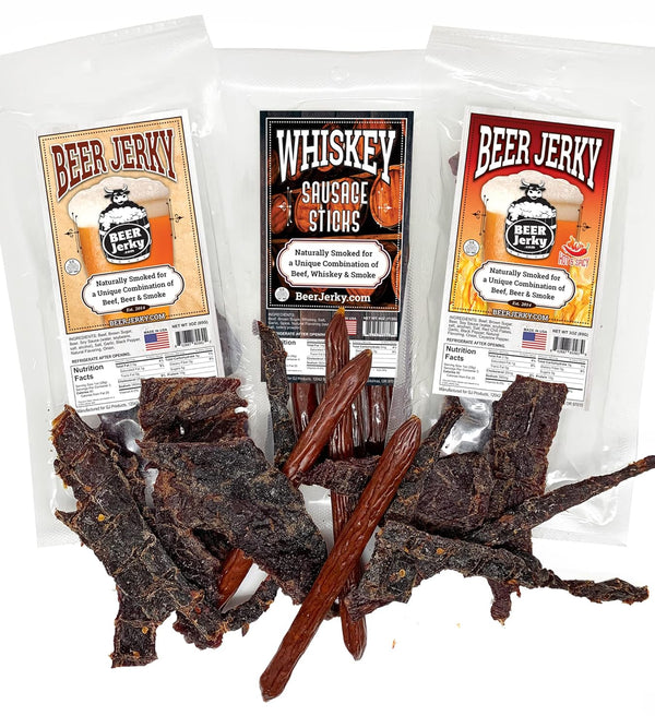 GJ Products BeerJerky.com - Variety Packs - Beef Jerky and Sausage Sticks Marinated in