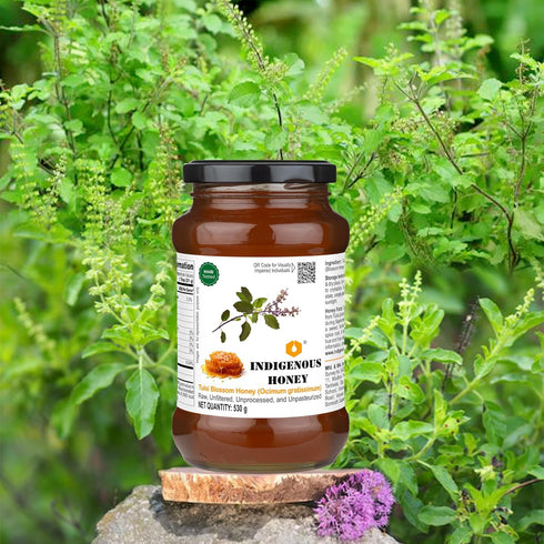 530g Pack 1 INDIGENOUS HONEY Tulsi Basil Honey Raw Natural Pure Unprocessed NMR Tested Unpasteurized Unheated Glass Jar