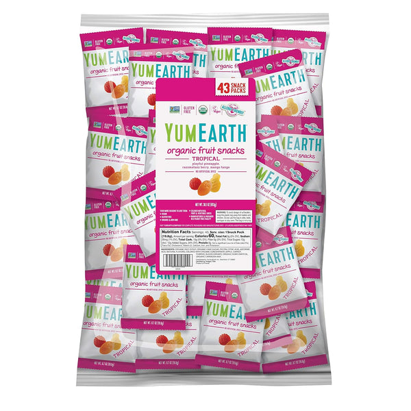 YumEarth Organic Tropical Flavored Fruit Snacks, 43ct- 0.7oz Snack Packs, Allergy Friendly,
