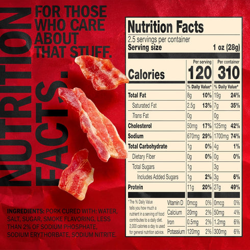 11g 100% 2.5 oz. Jack Link's Bacon Jerky, Hickory Smoked - Flavorful Ready to Eat Meat Snack with of Protein per