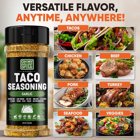 Taco Seasoning Mix - Gluten Free & Low Sodium Garlic Powder Blend for Tacos, Fajitas & Burritos, 4.7oz