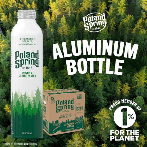 12 Pack- 25 oz Poland Spring Maine Spring Water Aluminum Bottle Crisp, Still Bottled Water with Naturally Occurring