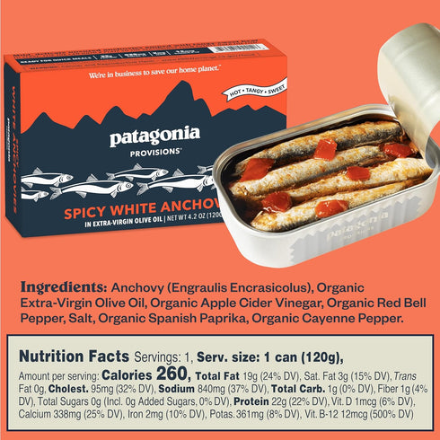 22g 4.2 (Pack 5) Patagonia Provisions Spicy White Anchovies | Responsibly Sourced in Spain | Protein & Gluten Free |