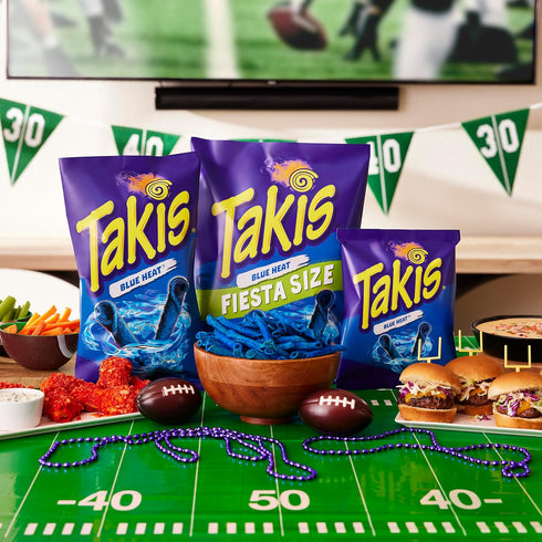 Multipack 14 9.9 Takis Blue Heat Rolled Tortilla Chips, Hot Chili Pepper Flavored, Box with Bags of Ounces