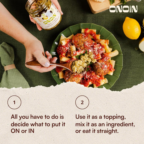 100% 9 oz (Pack 2) ONOIN Chopped Onions in Olive Oil - Seed Oil Free & Ready-to-Use Flavor Base & Topping | Garlic