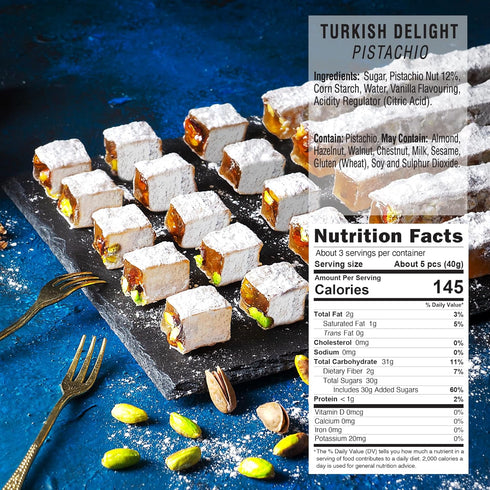 4.4oz (Pack 1), Hazer Baba Turkish Delight Pistachio Candy, of Gourmet Snack Box, Traditional, Vegan Snack, Turkish