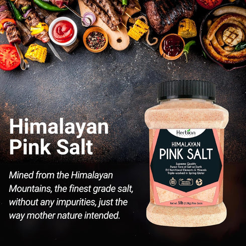 5 lbs HERBION Naturals Himalayan Pink Salt Jar Fine Grain, GMO Free, Supreme Quality Chemical Free, Vegan, Kosher