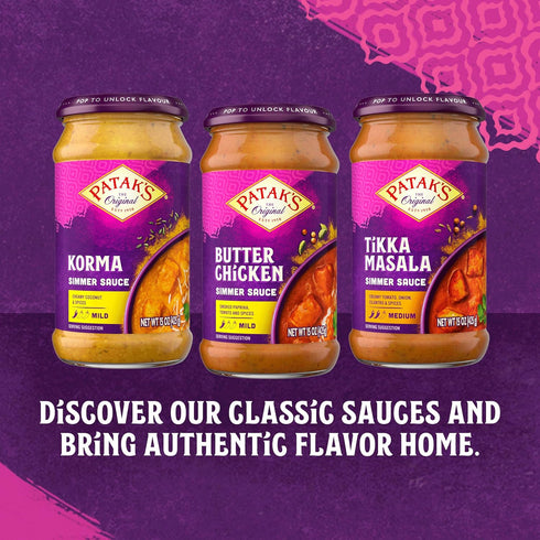 Simmer 15oz (Pack 3) Pataks Butter Chicken Sauce - Mild & Creamy Curry Sauce with Tomatoes & Spices - Gluten-Free