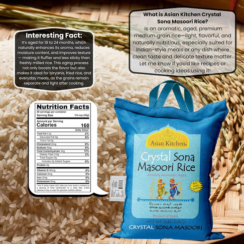4-Pound 4lbs (1.81kg) Asian Kitchen Crystal Sona Masoori Aged Rice Bag, Short Grain Rice ~ All Natural | Gluten