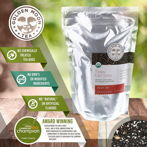 Golden Moon Tea Tippy Earl Gray Tea - Organic Black Tea with Real Bergamot Peels, Loose Leaf, Half Pound