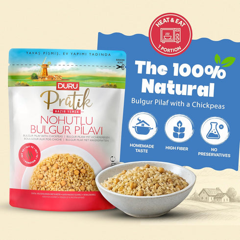 250g 4 Pack 100% Duru Ready Bulgur Pilaf with Chickpeas, x Heat & Eat, Natural, Non-GMO, BPA Free, No Trans Fat, No