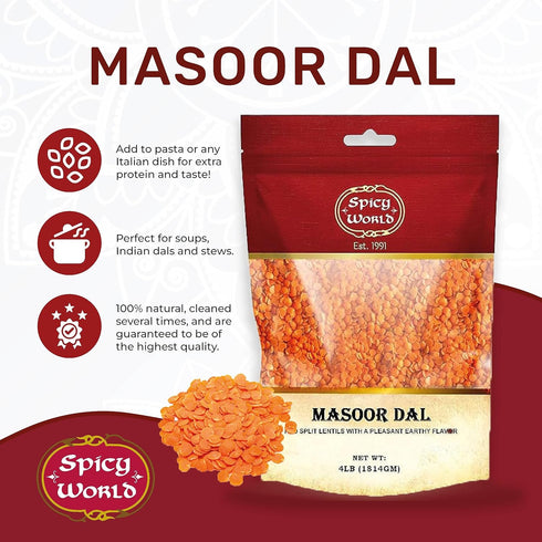 Spicy World 4 Masoor Dal Pound Bag - Split Red Lentils Dry - All Natural, Pure, Vegan - Resealable Bag by