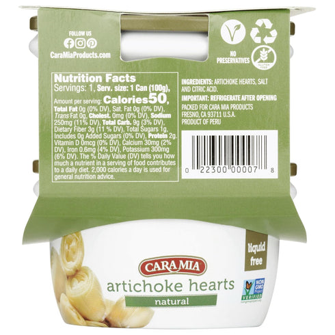 2 3.53 Oz CARA MIA | Natural Artichoke Hearts Without Brine | x | No Preservatives | Ready-to-Eat Snack | Refreshing