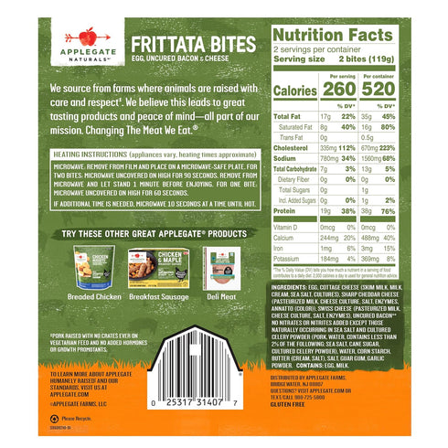 Applegate 8.4 OZ Farms Egg, Uncured Bacon & Cheese Frittata Bites