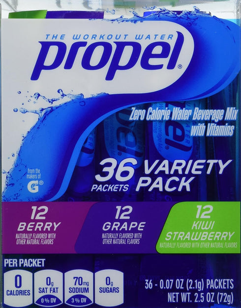 Propel Zero Calorie Nutrient Enhanced Water Beverage Mix, 36 Packets, 3 Flavors (Berry, Grape & Kiwi Strawberry)