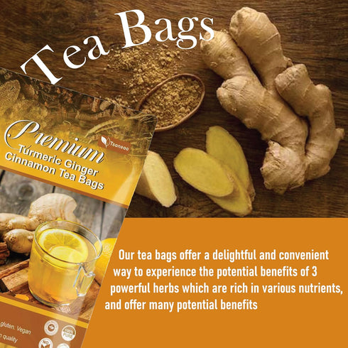 100% (1) Premium Turmeric, Ginger, Cinnamon Blend Tea Bags, Natural & No Additives & Caffeine Free.