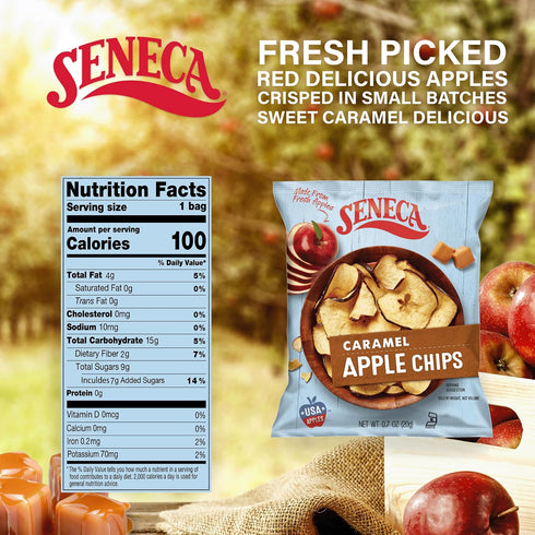 100% 0.7 (Pack 24) Seneca Caramel Apple Chips | Made from Fresh Apples | Red Delicious Apples | Yakima Valley Orchards